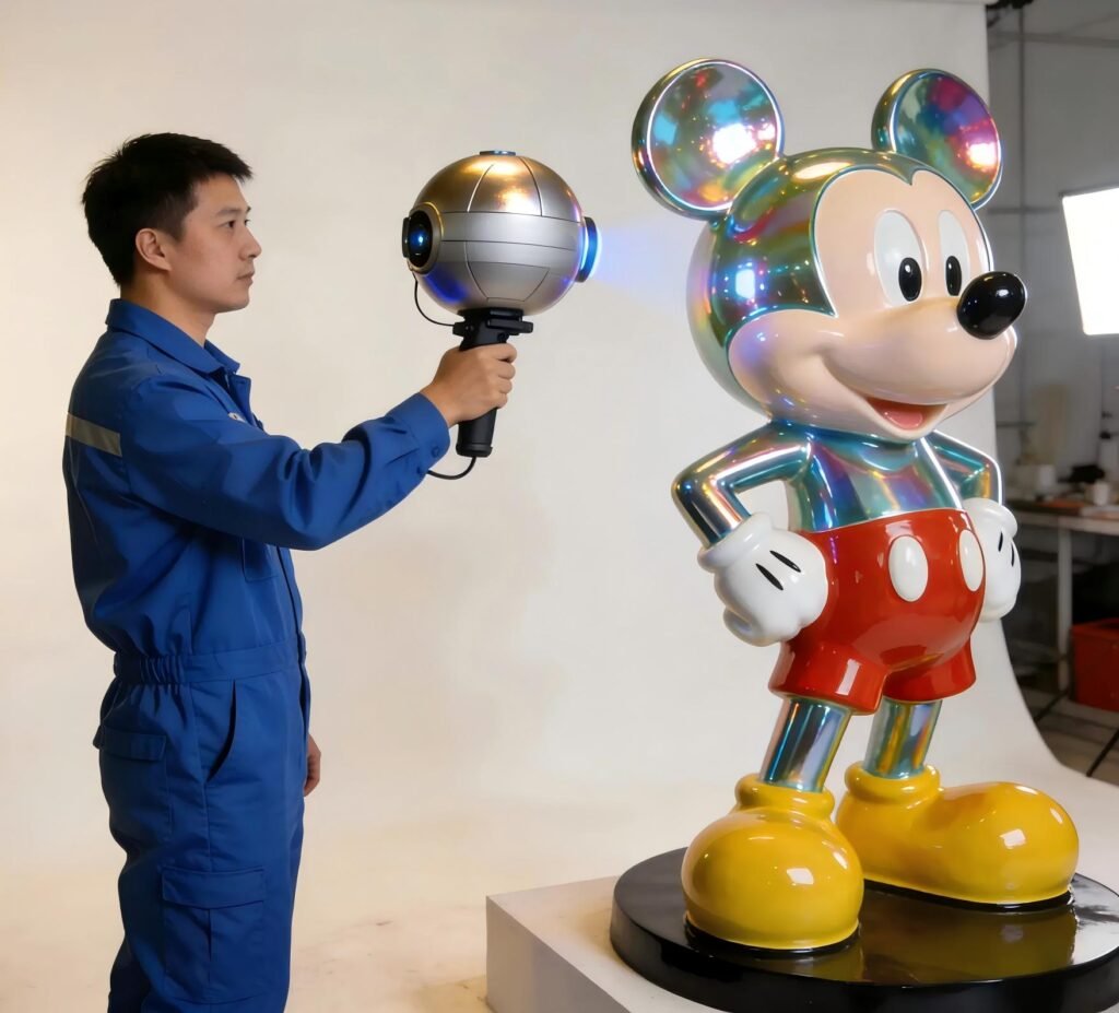 An engineer is performing a 3D scan of a sculpture for reverse engineering