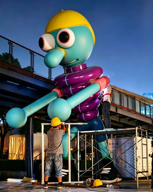 Fiberglass cartoon character sculpture being installed outdoors at night, large FRP cartoon statue for commercial display, professional installation team