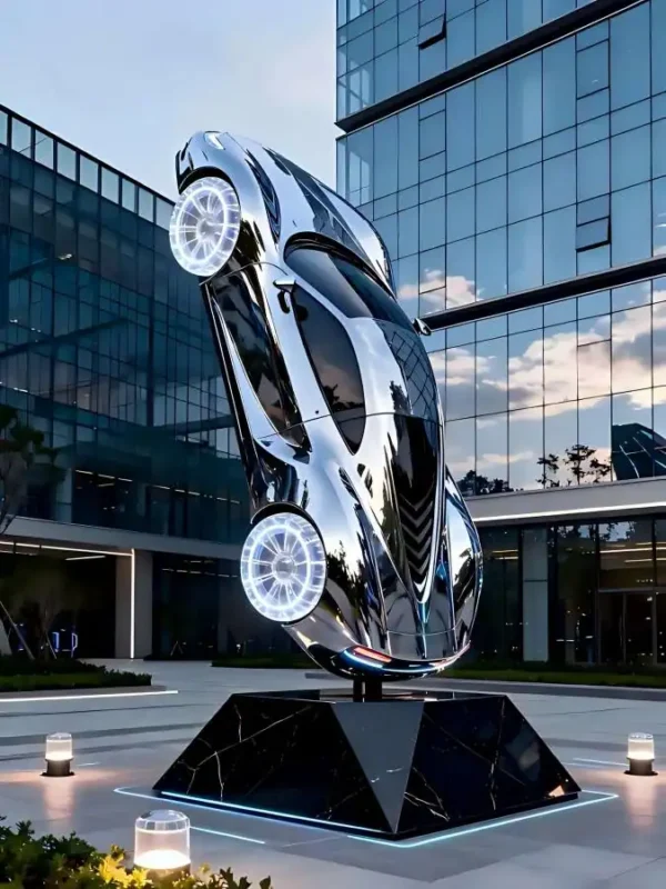 Custom fiberglass car sculpture, oversized metallic car statue for outdoor commercial display from fiberglass sculpture manufacturer