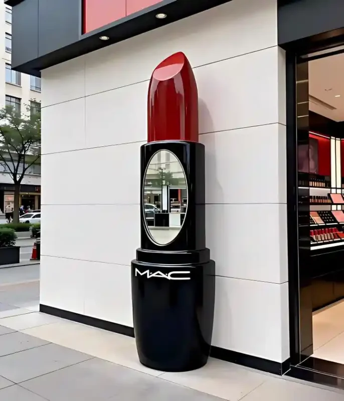 Custom fiberglass product display sculpture, giant lipstick statue from professional fiberglass sculpture manufacturer