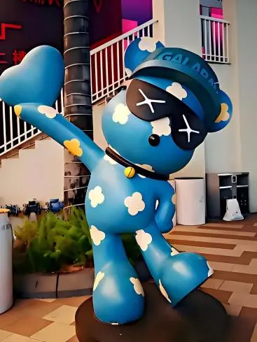 Custom fiberglass IP mascot sculpture, trendy bear statue for mall outdoor display by custom fiberglass sculpture manufacturer