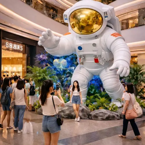 Custom fiberglass event sculpture: astronaut installation for mall brand activation