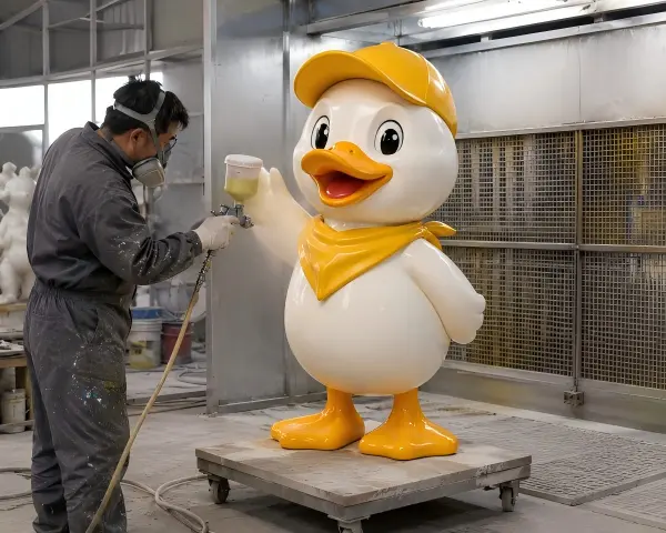 Spray painting process for custom FRP fiberglass mascot sculpture in workshop