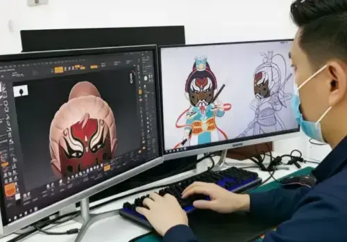 3D engineer working on digital model for custom fiberglass IP mascot sculpture