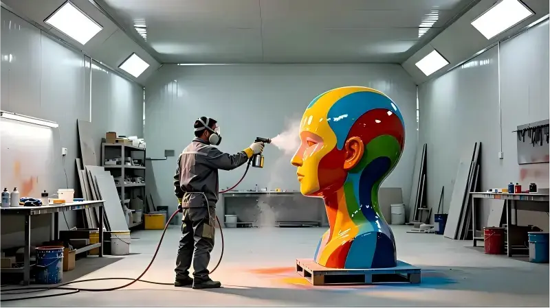 Worker spray painting custom fiberglass IP mascot sculpture with UV‑resistant coating