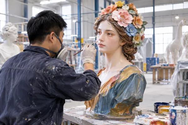 Sculptor hand-painting a custom fiberglass bust sculpture in FRP workshop