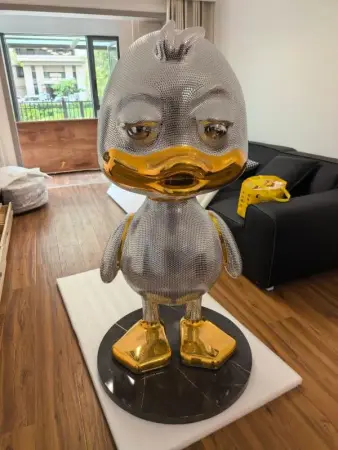 FRP cartoon duck statue, custom fiberglass mascot animal sculpture for commercial display
