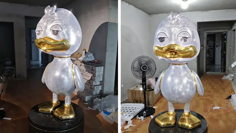 Custom rhinestone fiberglass duck sculpture two finished views
